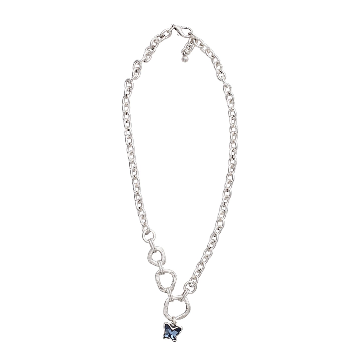 Handmade ButterFly Blue Crystal Pewter Necklace - 3964