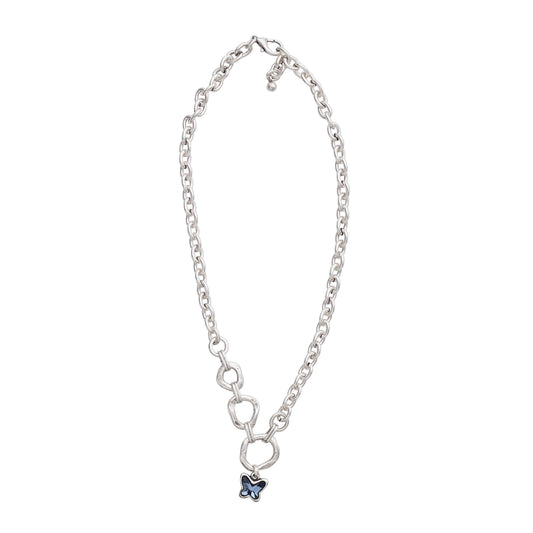 Handmade ButterFly Blue Crystal Pewter Necklace - 3964