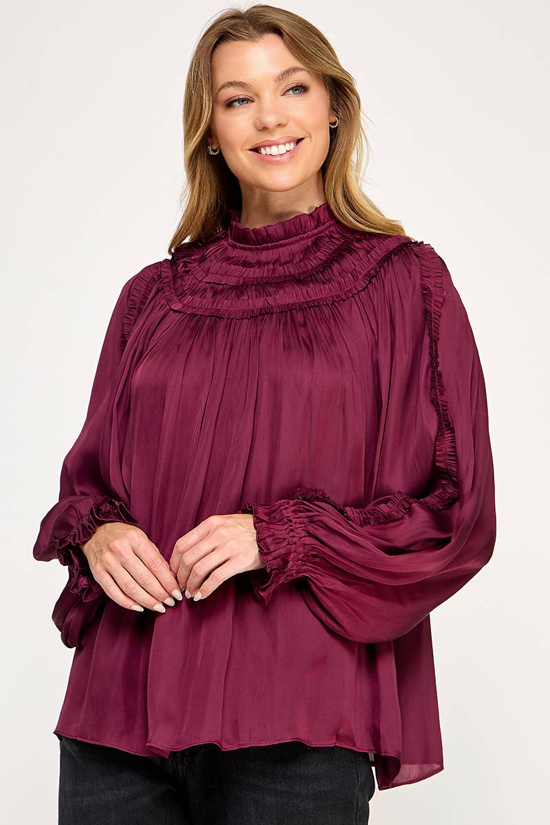 IT3477 - RUFFLED LONG SLEEVES SATIN TOP: GOLD / L