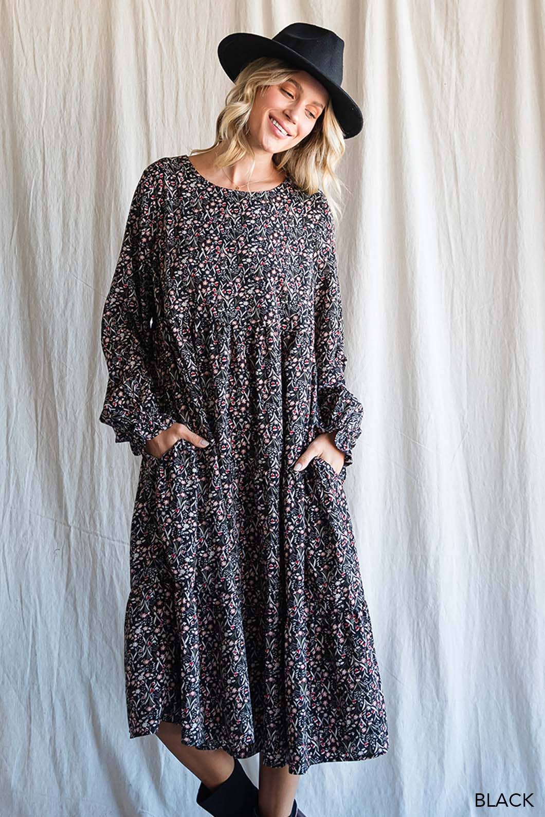 Soft Ditzy Floral Printed Midi Dress