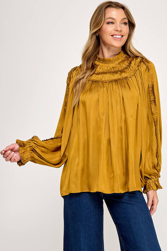 IT3477 - RUFFLED LONG SLEEVES SATIN TOP: GOLD / L