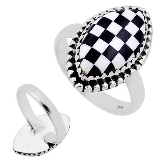 checker black white strip opal 925 silver adjustable ring size 8