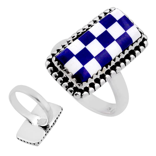 checker blue white strip opal 925 silver adjustable ring size 8