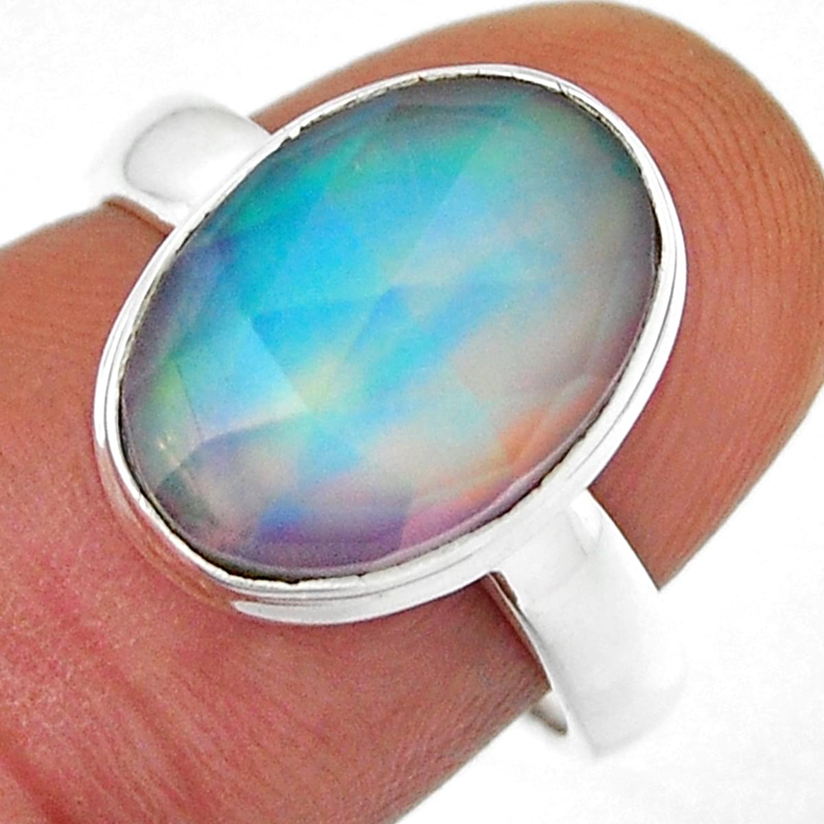 checker cut aurora opal oval shape sterling silver ring size 7