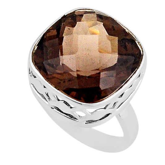 checker cut brown smoky topaz 925 sterling silver ring size 7.5