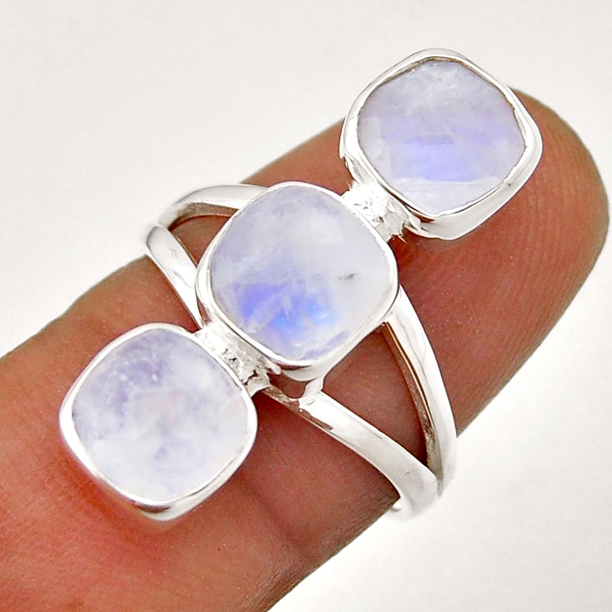 checker cut natural rainbow moonstone cushion silver ring size 7