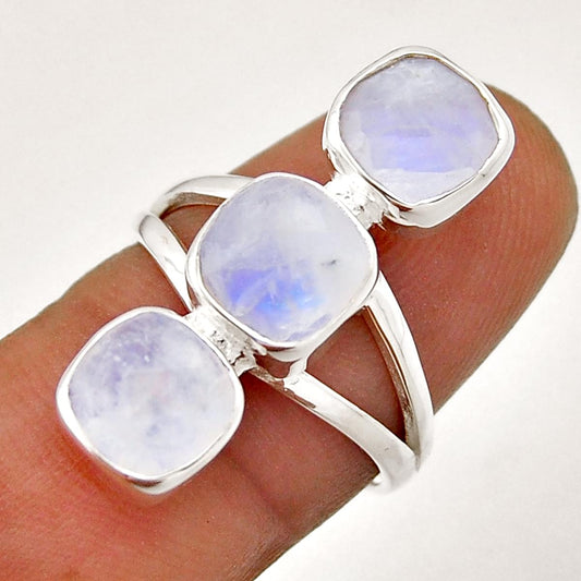 checker cut natural rainbow moonstone cushion silver ring size 7