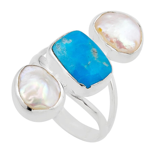 checker cut sleeping beauty turquoise pearl silver ring size 7