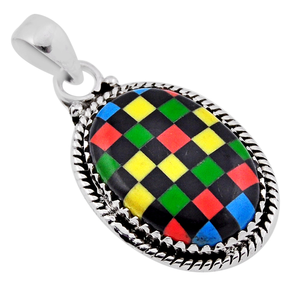 checker pink green yellow blue white stripe opal silver pendant
