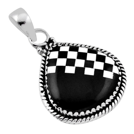 checker white black strip opal oval 925 sterling silver pendant
