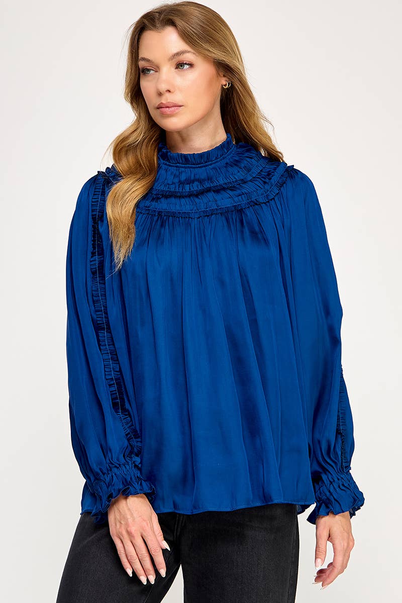 IT3477 - RUFFLED LONG SLEEVES SATIN TOP: GOLD / M