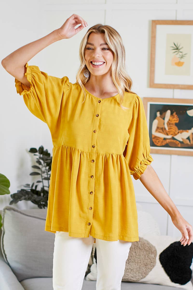 MUSTARD BABYDOLL BUTTON DOWN TOP