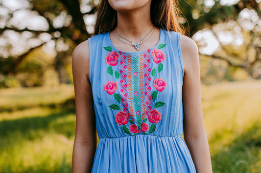 Mindy Embroidered Button Back Midi Dress