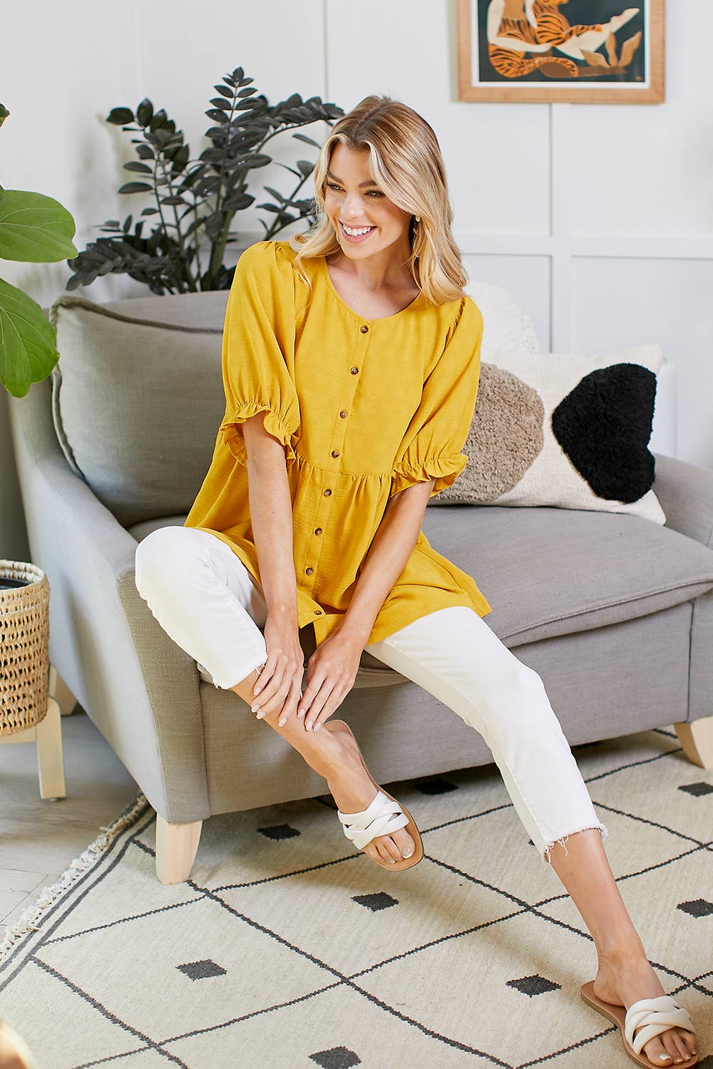 MUSTARD BABYDOLL BUTTON DOWN TOP