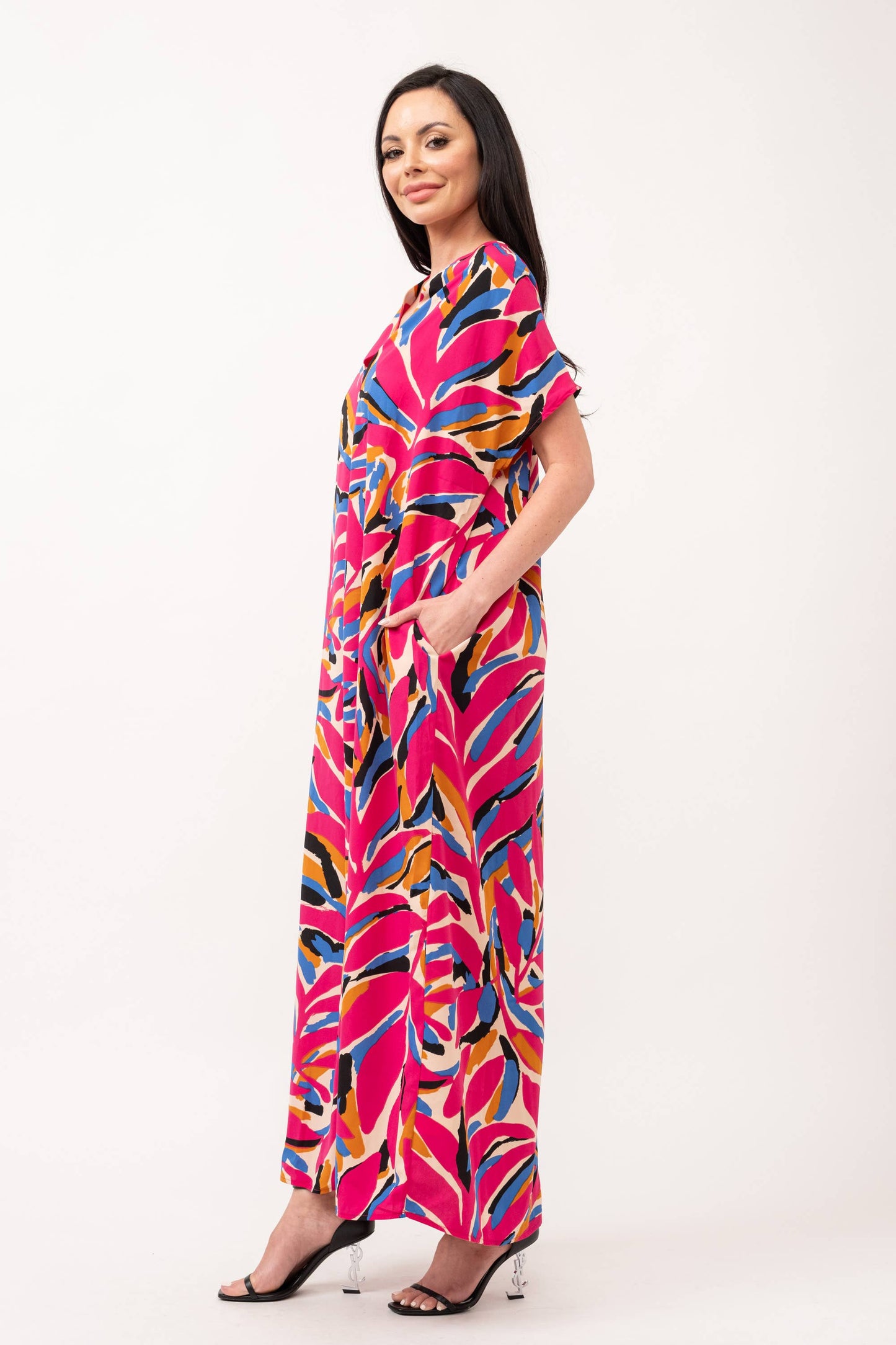 PRINTED WOVEN V NECK DROP SHOULDER MAXI DRESS