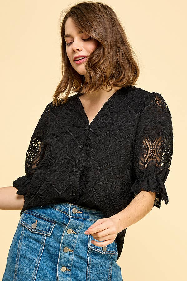 BLACK LACE BUTTON DOWN BLOUSE