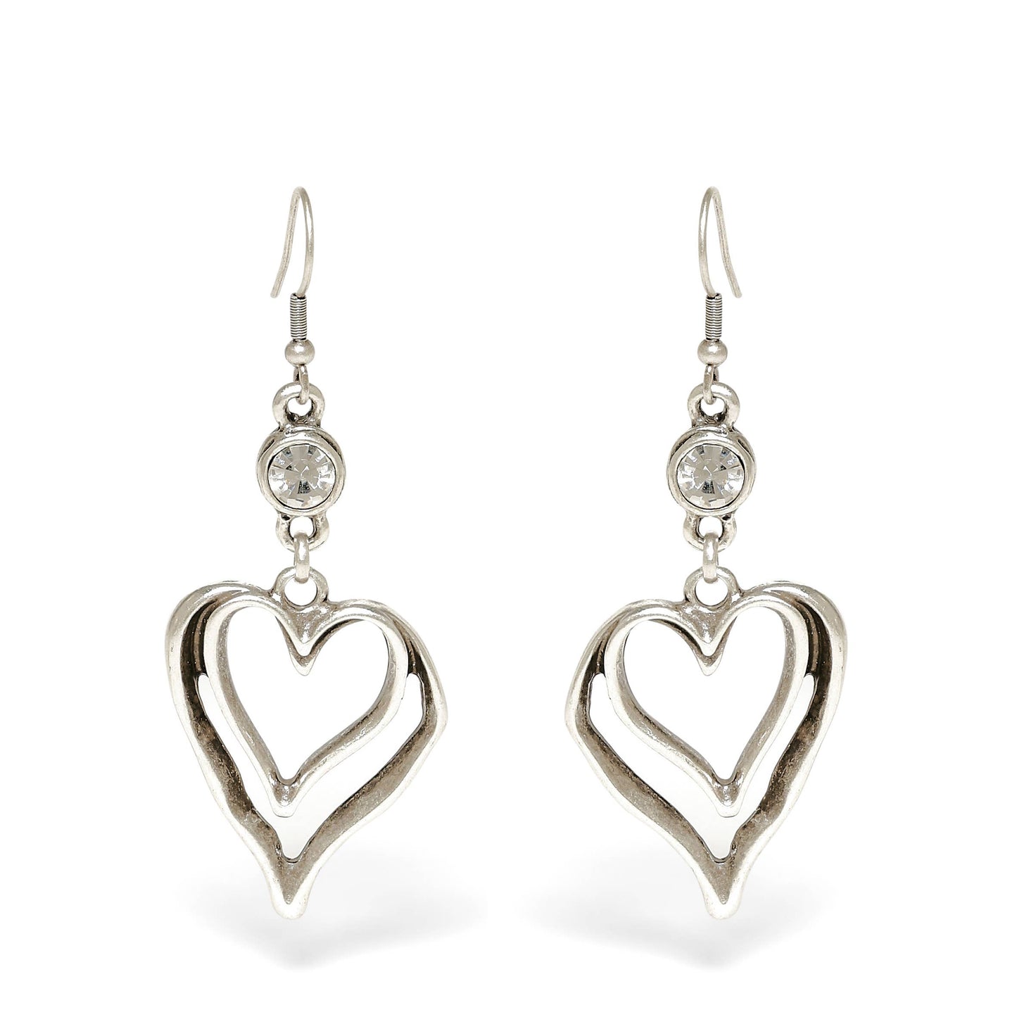 Handmade Heart Clear Crystal Pewter Earrings - 1955