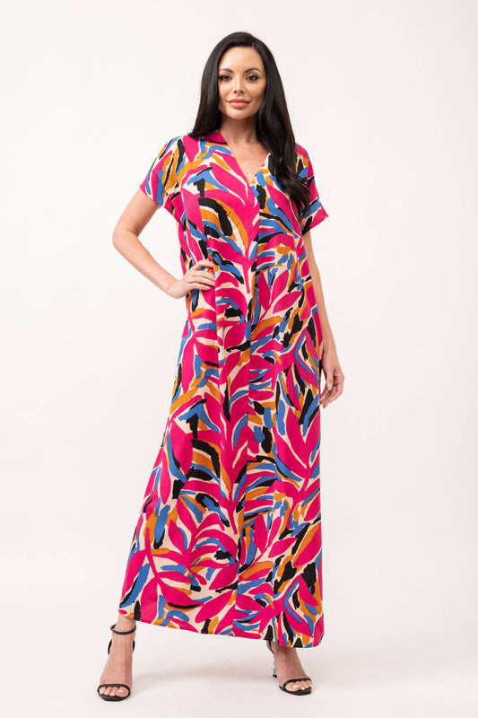PRINTED WOVEN V NECK DROP SHOULDER MAXI DRESS