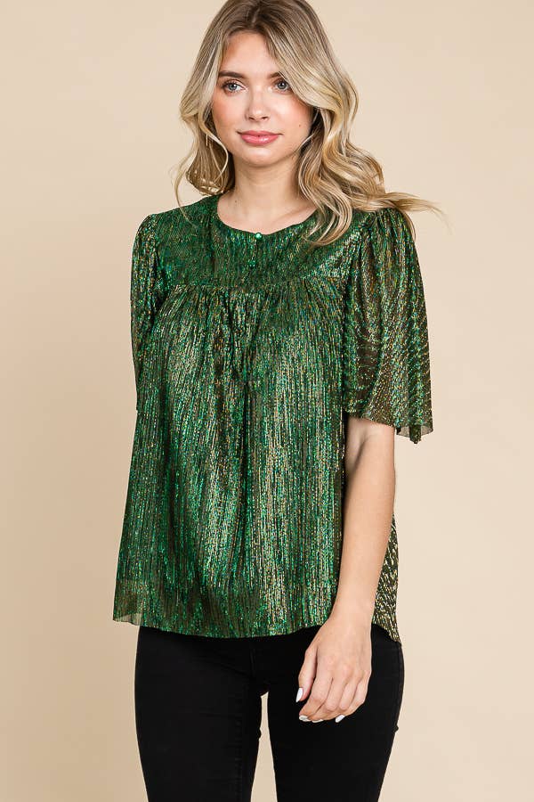 Hunter Green Pleated Sheer Half Sleeve Shimmer Blouse