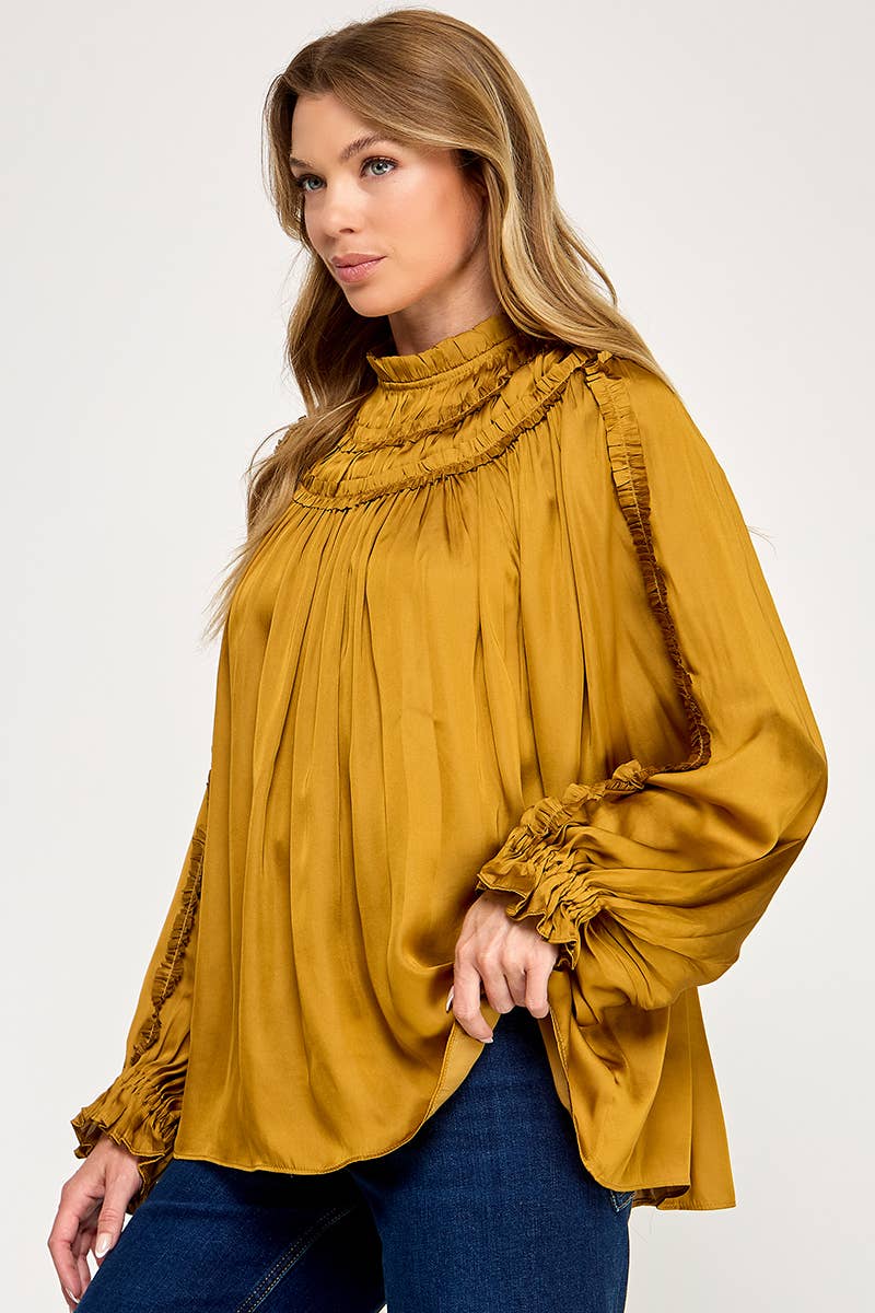 IT3477 - RUFFLED LONG SLEEVES SATIN TOP: GOLD / L