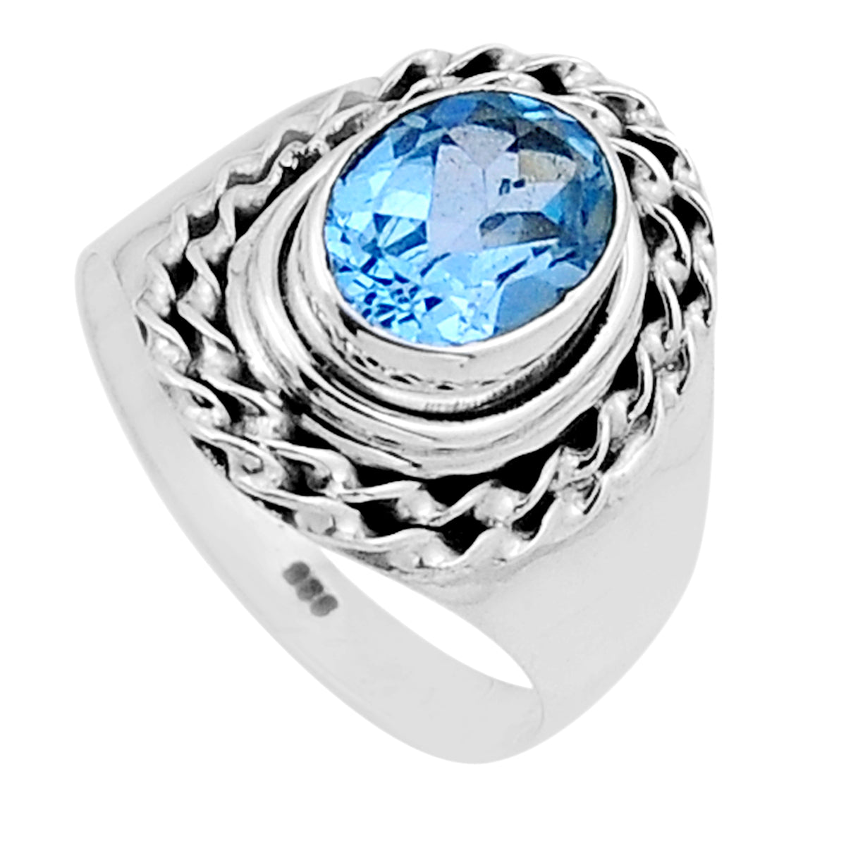 faceted natural blue topaz oval 925 sterling silver ring size 7