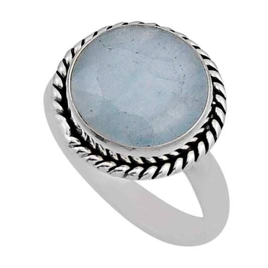 faceted natural green chalcedony round 925 silver ring size 8