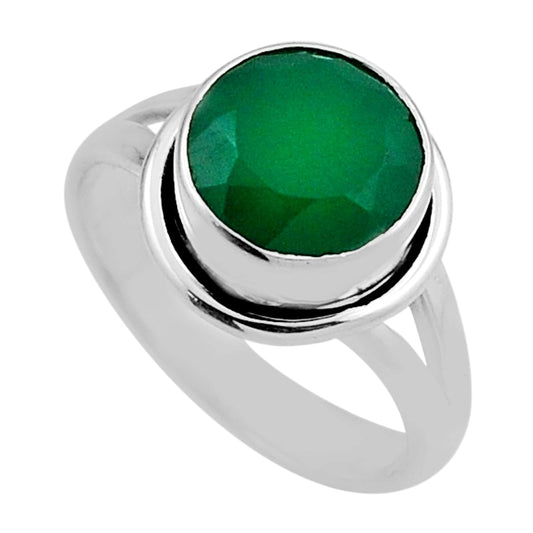 faceted natural green chalcedony round shape silver ring size 6