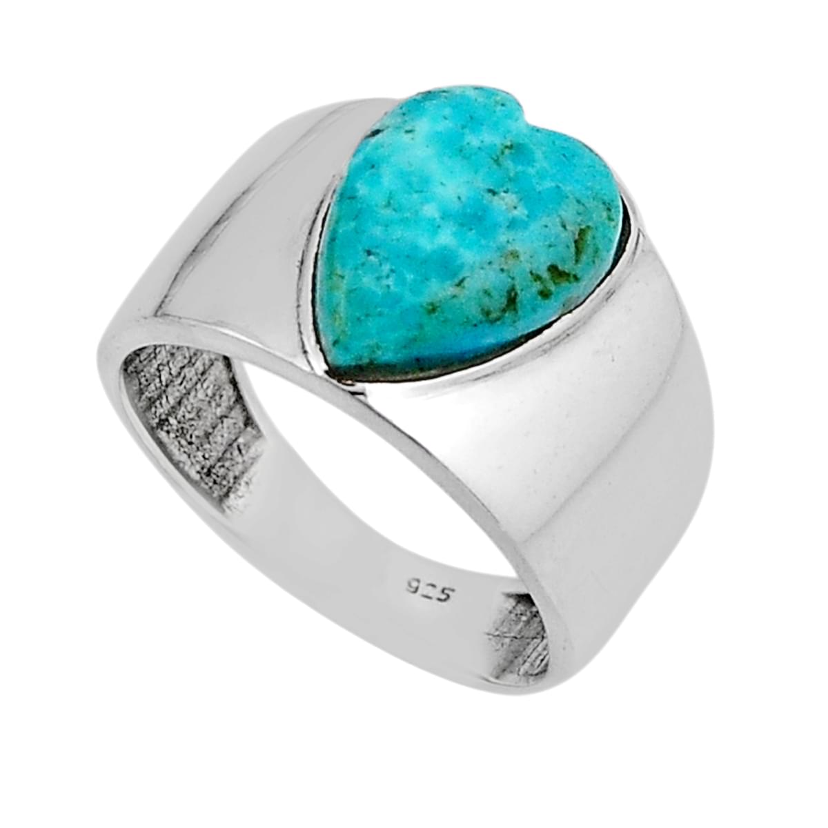 5.05cts faceted natural kingman turquoise heart 925 silver ring size 7.5