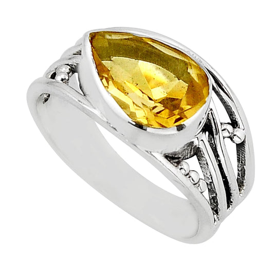 faceted natural yellow citrine pear sterling silver ring size 8