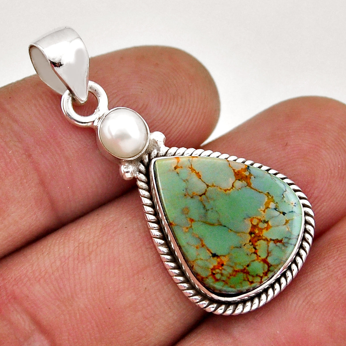 green Arizona turquoise pearl 925 sterling silver pendant