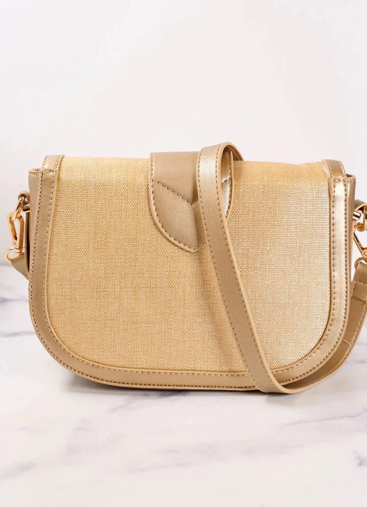 Griffin Gold Straw Crossbody Bag