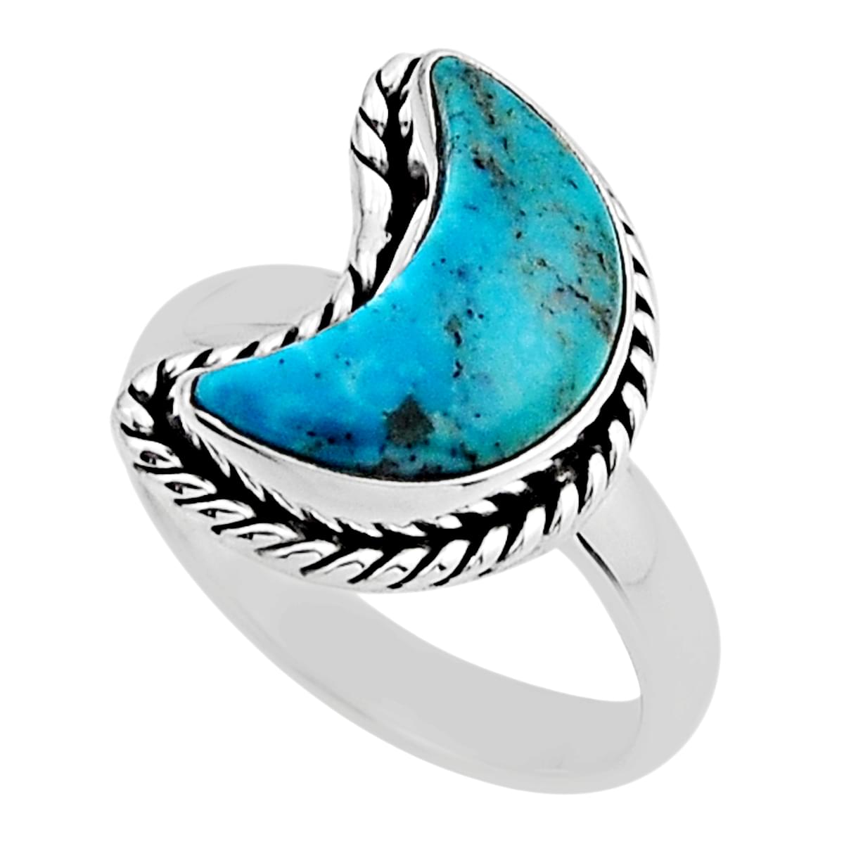 half moon natural green king man turquoise fancy silver ring size 7