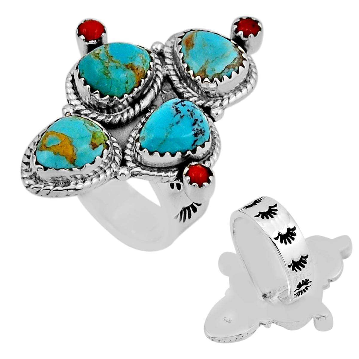 Cactus king man turquoise red coral 925 silver ring size 7