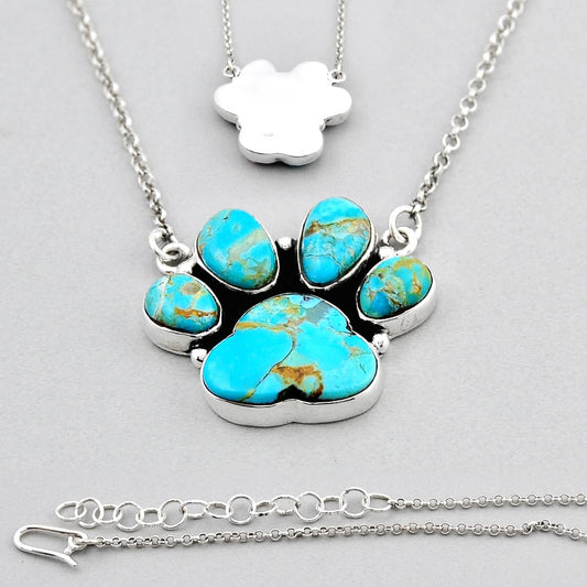 13.26cts natural blue kingman turquoise fancy silver paw necklace