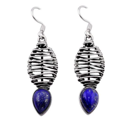 natural blue lapis lazuli pear 925 silver dangle earrings