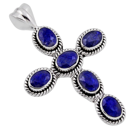 natural blue sapphire 925 sterling silver holy cross pendant