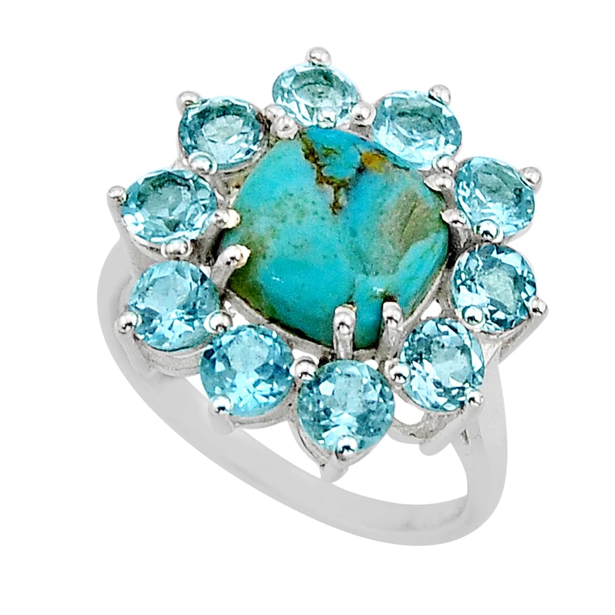 9.04cts natural kingman turquoise cushion topaz 925 silver ring size 8