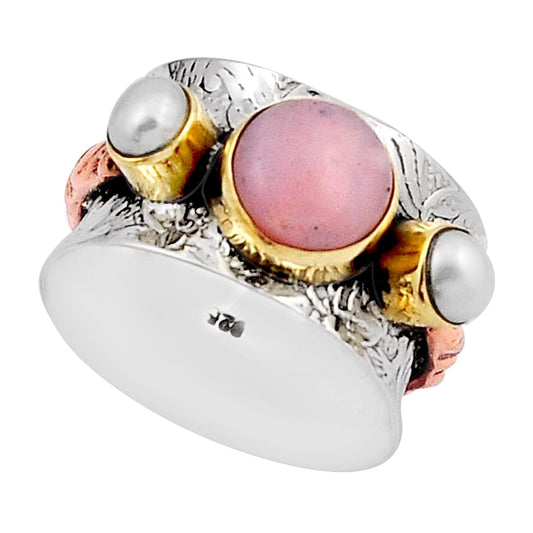 natural pink opal white pearl sterling silver gold ring size 7