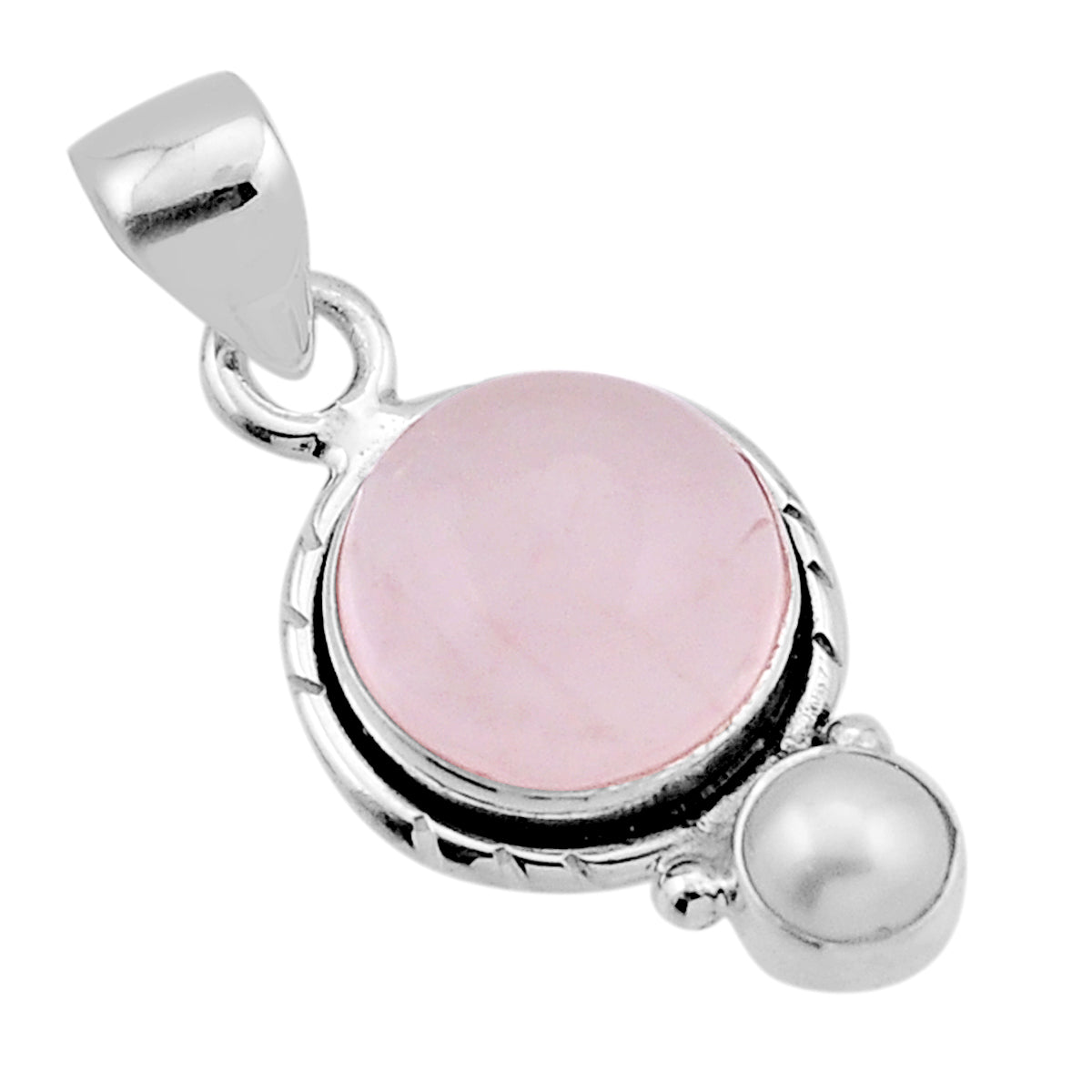 natural pink rose quartz white pearl 925 sterling silver pendant