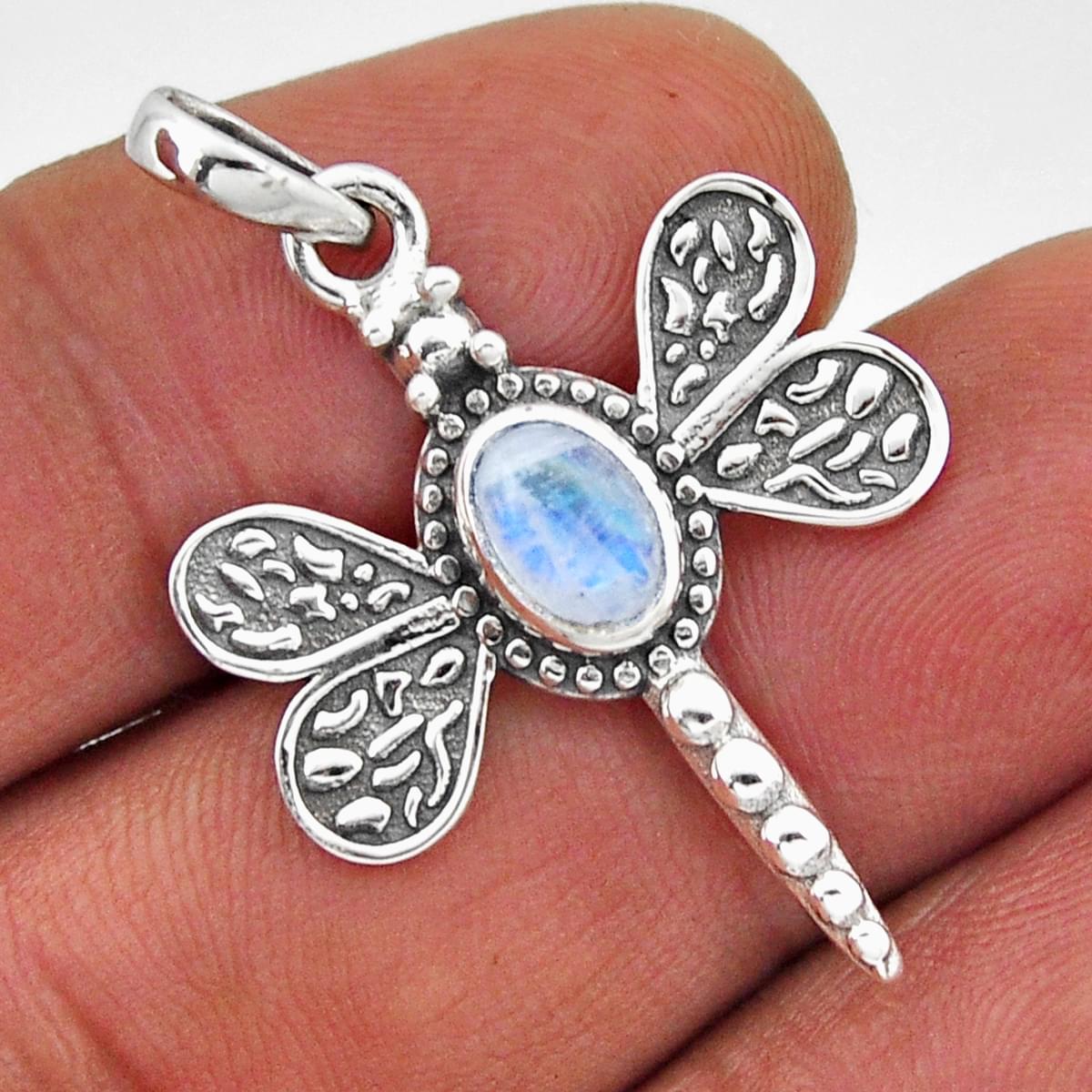 natural rainbow moonstone 925 sterling silver dragonfly pendant