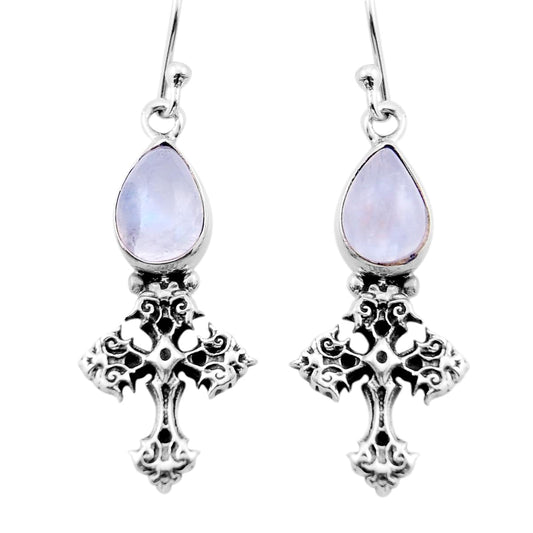 natural rainbow moonstone 925 sterling silver holy cross earrings