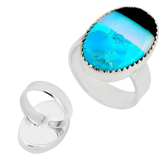 Silver black blue strip opal oval adjustable ring