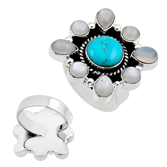 Sleeping beauty turquoise moonstone 925 silver adjustable ring size 8