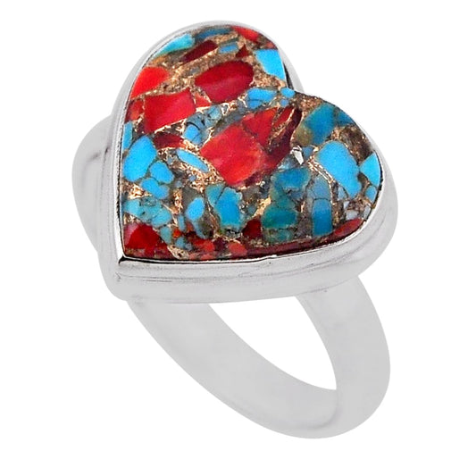 solitaire coral in turquoise heart sterling silver ring size 9.5