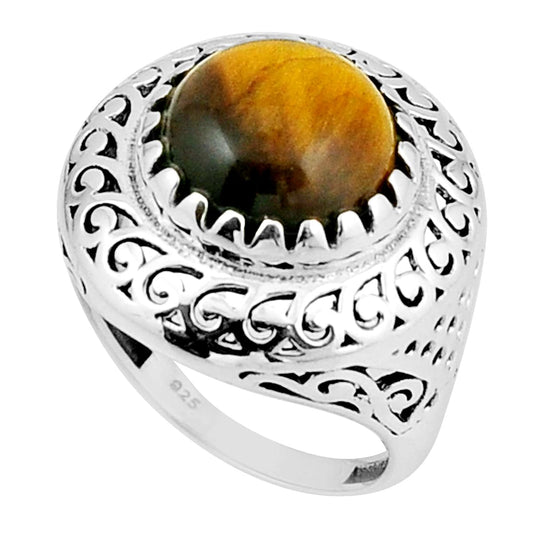 solitaire natural brown tiger's eye 925 silver ring size 6.5