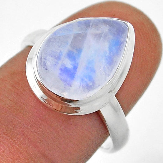 solitaire natural rainbow moonstone pear 925 silver ring size 8