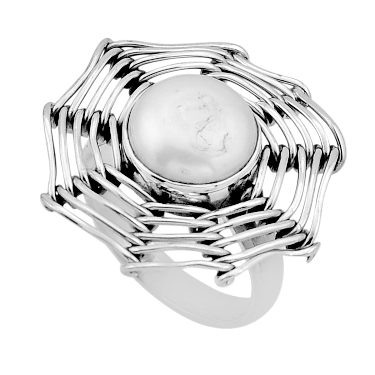 solitaire natural white pearl 925 spider web silver ring size 7