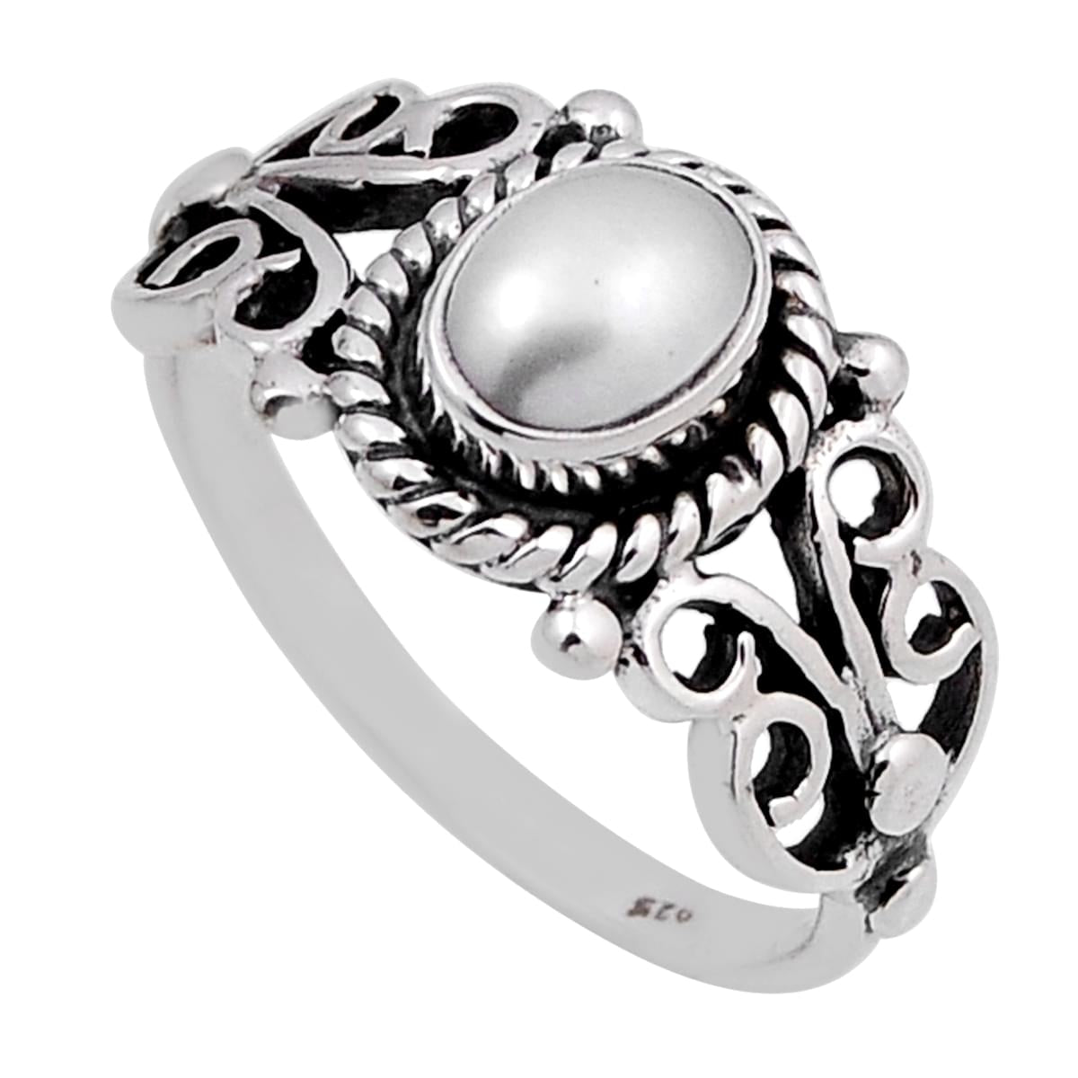 solitaire natural white pearl oval sterling silver ring size 8