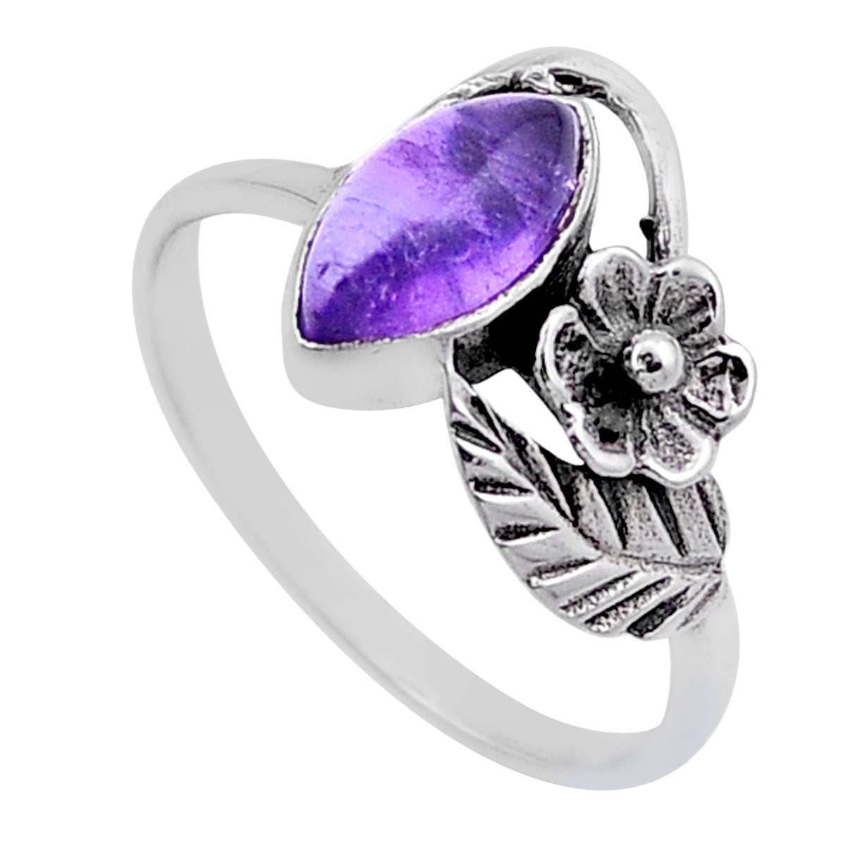 solitaire purple amethyst 925 silver flower with leaf ring size 8