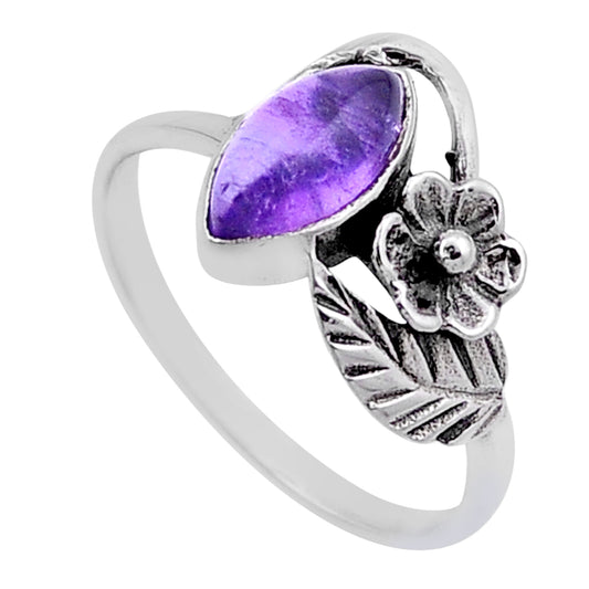 solitaire purple amethyst 925 silver flower with leaf ring size 8